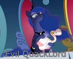 Size: 1336x1080 | Tagged: safe, artist:ponylover88, edit, edited screencap, screencap, princess luna, alicorn, bird, goose, pony, g4, sparkle's seven, animal, cropped, duo, ethereal mane, evil quacklord, female, lidded eyes, luna petting goose, mare, petting, quack, solo, starry mane, throne