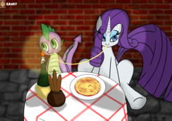 Size: 2150x1512 | Tagged: artist needed, safe, rarity, spike, dragon, pony, unicorn, g4, blue eyes, candle, disney, duo, eating, fanart, female, food, green eyes, horn, imminent kissing, lady and the tramp, male, mare, pasta, ship:sparity, shipping, spaghetti, spaghetti scene, straight