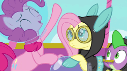 Size: 1280x720 | Tagged: safe, screencap, fluttershy, pinkie pie, spike, dragon, earth pony, pegasus, pony, g4, sparkle's seven, animated, astronaut pinkie, bunny ears, clothes, costume, dangerous mission outfit, discovery family logo, fish bowl, goggles, head pat, hoodie, hot air balloon, pat, petting, space helmet