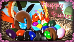 Size: 1920x1080 | Tagged: safe, artist:dragon-v0942, oc, oc only, oc:dia heart, oc:magmace (micset), oc:micset, dragon, pegasus, pony, 3d, bunny suit, clothes, easter, easter egg, female, flower, halo, holiday, latex, latex suit, male, nest, passed out, sky, source filmmaker, tree, unconscious
