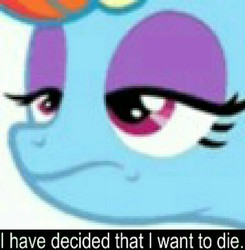 Size: 1280x1308 | Tagged: safe, rainbow dash, pony, g4, sparkle's seven, dead inside, eyeshadow, frown, i want to die, lidded eyes, makeup, megaradash, meme, pixelated, rainbow dash is not amused, unamused