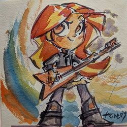 Size: 640x640 | Tagged: safe, artist:agnesgarbowska, sunset shimmer, equestria girls, g4, boots, chibi, female, guitar, looking at you, no pupils, shoes, solo, watercolor painting