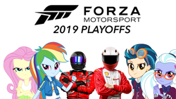 Size: 750x422 | Tagged: safe, fluttershy, indigo zap, rainbow dash, sugarcoat, fanfic:equestria motorsports, fanfic:shadowbolts racing, equestria girls, g4, clothes, driver, eqg promo pose set, forza motorsport, helmet, motorsport, racing driver, racing suit, simple background, tank top, white background, youtube link in the description, youtube thumbnail