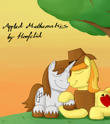 Size: 900x1020 | Tagged: safe, artist:hoofclid, braeburn, oc, oc:hoofclid, earth pony, pony, unicorn, fanfic:appled mathematics, g4, canon x oc, cuddling, cute, eyes closed, fanfic, fanfic art, fanfic cover, gay, holding hooves, male, pony on pony action, shipping, stallion, stallion on stallion, sunset, unshorn fetlocks