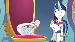Size: 1920x1080 | Tagged: safe, screencap, shining armor, goose, pony, unicorn, g4, sparkle's seven, animal, crown, discovery family logo, hard-won helm of the sibling supreme, male, paper crown, solo, throne
