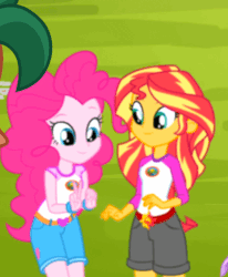 Size: 527x640 | Tagged: safe, screencap, pinkie pie, sunset shimmer, twilight sparkle, equestria girls, g4, my little pony equestria girls: legend of everfree, animated, camp everfree outfits, cute, female, gif