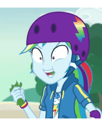 Size: 458x566 | Tagged: safe, screencap, rainbow dash, equestria girls, equestria girls series, g4, sic skateboard, spoiler:eqg series (season 2), animated, chewing, eating, faic, female, food, geode of super speed, gif, helmet, lettuce, magical geodes, rainbow dash is best facemaker, shrunken pupils, solo