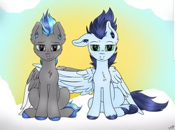 Size: 1080x802 | Tagged: safe, artist:monsoonvisionz, soarin', oc, oc:cobalt rush, pegasus, pony, g4, duo, duo male, male, stallion