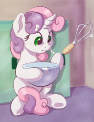 Size: 920x1200 | Tagged: safe, artist:drafthoof, sweetie belle, pony, unicorn, g4, baking, bowl, cooking, cute, dough, female, filly, food, frown, magic, messy, sitting, solo, sweetie belle can't cook, sweetie fail