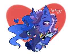 Size: 1500x1150 | Tagged: safe, artist:feekteev, princess luna, oc, oc:azure night, alicorn, pony, unicorn, gamer luna, g4, azuna, blushing, canon x oc, chest fluff, colored pupils, controller, curved horn, female, heart, horn, male, mare, one eye closed, shipping, smiling, snuggling, stallion, straight, wink, ych result