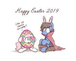 Size: 2560x2048 | Tagged: safe, artist:sugar morning, oc, oc only, oc:bizarre song, oc:sugar morning, pegasus, pony, bunny ears, cape, clothes, couple, easter, egg, female, high res, holiday, male, mare, silly, simple background, sitting, sketch, stallion, sugarre, text, traditional art, weird, white background