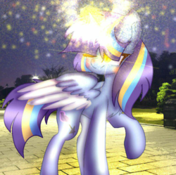 Size: 800x796 | Tagged: safe, anonymous artist, oc, oc only, oc:twinkle starstone, pony, blushing, bush, glowing eyes, horn, light, magic, magic aura, night, park, raised hoof, sidewalk, signature, smiling, spread wings, tree, two toned wings, wings