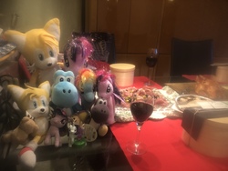Size: 4032x3024 | Tagged: safe, artist:fiddlerchipmunk, rainbow dash, rarity, spike, twilight sparkle, pegasus, pony, unicorn, yoshi, g4, birthday, crossover, irl, male, meal, miles "tails" prower, photo, plushie, sonic the hedgehog, sonic the hedgehog (series), teddy bear