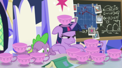 Size: 1920x1080 | Tagged: safe, edit, edited screencap, screencap, spike, twilight sparkle, alicorn, dragon, pony, all bottled up, g4, sparkle's seven, belly, book, chalkboard, cup, cutie map, duckface, duo, female, floppy ears, friendship throne, grumpy, grumpy twilight, implied trixie, madorable, male, mare, pouting, teacup, twilight sparkle (alicorn), unamused, winged spike, wings