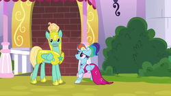 Size: 1920x1080 | Tagged: safe, screencap, rainbow dash, zephyr breeze, pegasus, pony, g4, sparkle's seven, clothes, dress, female, frown, lidded eyes, male, man bun, mare, megaradash, one eye closed, out of context, raised hoof, royal guard, royal guard armor, royal guard zephyr breeze, smiling, stallion, updo, wink