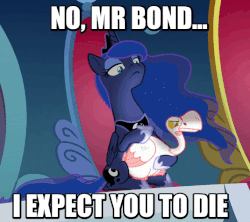 Size: 535x475 | Tagged: safe, edit, edited screencap, screencap, princess luna, alicorn, bird, goose, pony, g4, sparkle's seven, animal, animated, auric goldfinger, caption, cowboy bebop at his computer, duo, ernst stavro blofeld, ethereal mane, female, goldfinger, image macro, james bond, lidded eyes, luna petting goose, mare, movie reference, petting, pure unfiltered evil, solo, starry mane, text, throne, trivia in the comments
