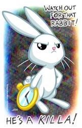 Size: 720x1113 | Tagged: safe, artist:texasuberalles, angel bunny, rabbit, g4, abstract background, angry, clock, killer rabbit, male, monty python, monty python and the holy grail, rabbit of caerbannog, solo
