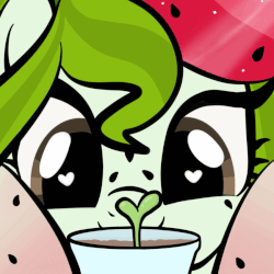 Size: 849x849 | Tagged: safe, artist:sjart117, oc, oc only, oc:watermelana, pony, animated, blinking, eager, excited, eye shimmer, female, flower, freckles, gif, gradient hooves, heart eyes, looking down, mare, plant, plant pot, sapling, seedling, smiling, solo, sunflower, watching, wingding eyes