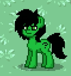 Size: 716x767 | Tagged: safe, oc, oc only, oc:anon, oc:filly anon, earth pony, pony, pony town, 4chan, alone, black mane, close-up, female, filly, food, grass, green, green coat, green eyes, grumpy, not happy, pixel art, question mark, serious, serious face, solo, standing