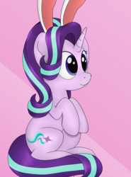 Size: 734x993 | Tagged: safe, artist:noosa, starlight glimmer, pony, unicorn, g4, abstract background, bucktooth, bunny ears, clothes, costume, easter bunny, female, hooves together, mare, sitting, smiling, solo