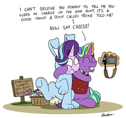 Size: 2189x2040 | Tagged: safe, artist:bobthedalek, firelight, starlight glimmer, pony, unicorn, g4, animal costume, bunny costume, camera, clothes, costume, easter, easter egg, father and daughter, fathers gonna father, female, high res, holiday, implied trixie, inconvenient trixie, levitation, magic, male, mare, stallion, telekinesis, this will end in tears, this will not end well