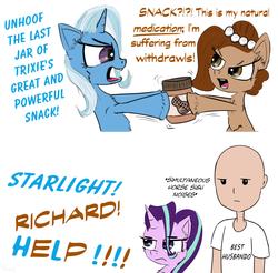 Size: 2000x1964 | Tagged: safe, artist:chopsticks, starlight glimmer, trixie, oc, oc:brownie bun, oc:richard, earth pony, human, pony, unicorn, horse wife, g4, angry, argument, chest fluff, comic, descriptive noise, dialogue, ear fluff, female, food, funny, great and powerful, horse noises, husbando, mare, peanut butter, starlight glimmer is not amused, text, tug of war, unamused, unshorn fetlocks, yelling
