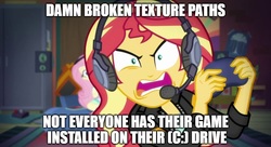 Size: 888x483 | Tagged: safe, screencap, fluttershy, sunset shimmer, equestria girls, equestria girls series, g4, game stream, spoiler:eqg series (season 2), alchestbreach, fallout, fallout: new vegas, female, game mod, gamer sunset, gamershy, meme, rageset shimmer, sunset shimmer frustrated at game, sunset's apartment, video game