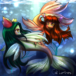 Size: 2048x2048 | Tagged: safe, artist:cali luminos, oc, oc:lenna, fish, pony, seapony (g4), beautiful, bubble, couple, crepuscular rays, cute, digital art, dorsal fin, female, fin, fin wings, fins, fish tail, floppy ears, flowing mane, flowing tail, high res, looking at each other, looking at someone, ocean, scales, seaponified, seaweed, signature, smiling, smiling at each other, sparkles, species swap, sunlight, swimming, tail, underwater, water, wings