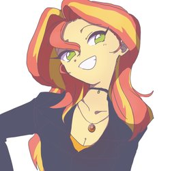 Size: 1280x1286 | Tagged: safe, artist:xp_r6, sunset shimmer, equestria girls, g4, adorasexy, breasts, cleavage, cute, female, geode of empathy, grin, looking at you, magical geodes, sexy, shimmerbetes, simple background, smiling, solo, white background