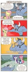 Size: 800x2060 | Tagged: safe, artist:sazanamibd, fluttershy, iron will, pinkie pie, rarity, earth pony, minotaur, pegasus, pony, unicorn, g4, putting your hoof down, 4koma, abuse, alternate scenario, boulder, comic, derp, double standard, female, flutterbuse, hypocrisy, hypocritical humor, karma, magic, male, party cannon, punch, telekinesis, threat, you reap what you sow