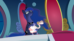 Size: 1920x1080 | Tagged: safe, screencap, princess luna, alicorn, bird, goose, pony, g4, sparkle's seven, animal, duo, epic, ethereal mane, female, hoof shoes, lidded eyes, luna petting goose, mare, petting, solo, starry mane, throne, traitor