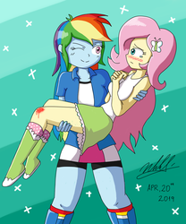 Size: 1000x1200 | Tagged: safe, artist:neutralchilean, fluttershy, rainbow dash, equestria girls, g4, blood, bridal carry, carrying, clothes, duo, female, injured, lesbian, ship:flutterdash, shipping, smiling