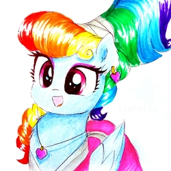 Size: 1306x1306 | Tagged: safe, artist:liaaqila, rainbow dash, pegasus, pony, g4, sparkle's seven, alternate hairstyle, clothes, cute, dress, ear piercing, female, jewelry, mare, megaradash, necklace, open mouth, piercing, simple background, solo, traditional art, white background