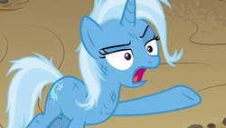 Size: 1280x720 | Tagged: safe, screencap, trixie, pony, unicorn, g4, road to friendship, bruised, female, mare, open mouth, raised hoof, solo