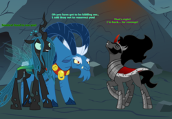 Size: 1078x741 | Tagged: safe, artist:andoanimalia, artist:etherium-apex, artist:nukarulesthehouse1, artist:parclytaxel, artist:proenix, grogar, king sombra, queen chrysalis, changeling, changeling queen, pony, unicorn, g4, the beginning of the end, armor, black mane, cape, caption, cave, cloven hooves, ethereal mane, eyes closed, fabulous, female, funny, group, horns, image macro, legion of doom, male, raised hoof, ram, stallion, stupid sexy sombra, text, vector