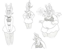 Size: 3143x2516 | Tagged: safe, artist:catstuxedo, fluttershy, human, g4, belly button, blushing, bunny suit, bunnyshy, burp, clothes, easter, easter bunny, fat, fattershy, female, high res, holiday, humanized, mask, monochrome, obese, solo, weight gain, winged humanization, wings
