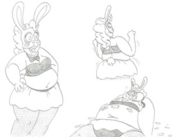 Size: 3151x2495 | Tagged: safe, artist:catstuxedo, pinkie pie, anthro, g4, belly button, bunny suit, clothes, dancing, easter, easter bunny, fat, female, high res, holiday, mask, monochrome, obese, piggy pie, pudgy pie, solo, weight gain