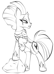 Size: 817x1113 | Tagged: safe, artist:virenth, tempest shadow, pony, unicorn, g4, armor, black and white, broken horn, eye scar, female, grayscale, hoof shoes, horn, lineart, monochrome, raised hoof, scar, simple background, solo, white background