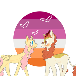Size: 960x960 | Tagged: safe, artist:fluttergayy, autumn blaze, fluttershy, kirin, pegasus, pony, g4, autumnshy, female, folded wings, heart, lesbian, looking at each other, mare, profile, shipping, smiling, standing, wings