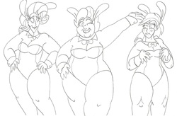 Size: 2495x1634 | Tagged: safe, artist:catstuxedo, pinkie pie, rainbow dash, rarity, human, g4, armpits, blushing, bowtie, breasts, bunny suit, cleavage, clothes, easter, easter bunny, fat, holiday, humanized, monochrome, overweight, pudgy pie, smiling