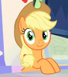 Size: 351x401 | Tagged: safe, screencap, applejack, earth pony, pony, g4, season 9, sparkle's seven, animated, applejack's hat, bucky mcgillicutty, cowboy hat, evil smile, faic, female, friendship throne, gif, grin, hat, hoof rubbing, lidded eyes, lip bite, looking at you, mare, massage, out of context, preparing, silly, silly pony, smiling, solo, tongue out, twilight's castle, who's a silly pony