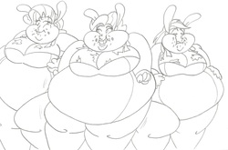 Size: 2503x1650 | Tagged: safe, artist:catstuxedo, pinkie pie, rainbow dash, rarity, human, g4, big breasts, bowtie, breasts, bunny suit, cleavage, clothes, easter bunny, fat, humanized, monochrome, obese, piggy pie, pudgy pie, rainblob dash, raritubby, smiling, stuffed, weight gain