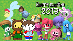 Size: 1366x768 | Tagged: source needed, safe, apple bloom, spike, dragon, eastern dragon, g4, animal costume, bin's toy bin, bunny costume, bunny ears, clothes, costume, easter, holiday, jelly jamm, sanrio, veggietales
