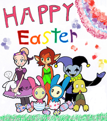 Size: 1891x2134 | Tagged: safe, artist:pokeneo1234, pound cake, pumpkin cake, g4, animal costume, bunny costume, clothes, costume, crescenta butterfly, crossover, deltarune, easter egg, elora, happy easter, jevil, petscop, spyro the dragon (series), star vs the forces of evil