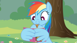 Size: 1920x1080 | Tagged: safe, artist:agrol, rainbow dash, pony, just relax and read, g4, book, cookie, cute, dashabetes, eating, female, food, reading, smiling, solo, wing hands