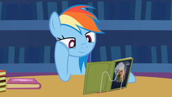 Size: 1280x720 | Tagged: safe, artist:agrol, daring do, rainbow dash, pony, just relax and read, g4, animated at source, book, bookshelf, female, looking at something, mare, reading, reading rainboom, solo, table, youtube link