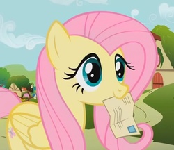 Size: 777x672 | Tagged: safe, screencap, fluttershy, pony, g4, putting your hoof down, cute, female, mail, mare, mouth hold, shyabetes, solo