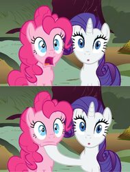 Size: 1093x1436 | Tagged: safe, screencap, pinkie pie, rarity, pony, g4, putting your hoof down, closing, jaw drop