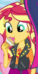 Size: 297x565 | Tagged: safe, screencap, sci-twi, sunset shimmer, twilight sparkle, equestria girls, g4, cupcake, cute, eating, food, shimmerbetes, solo focus