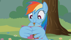 Size: 480x270 | Tagged: safe, artist:agrol, rainbow dash, pony, just relax and read, g4, animated, book, bowl of cookies, chewing, cookie, cute, dashabetes, eating, falling, female, food, leaning, leaning forward, nom, picnic blanket, reading, solo, wing hands, youtube link